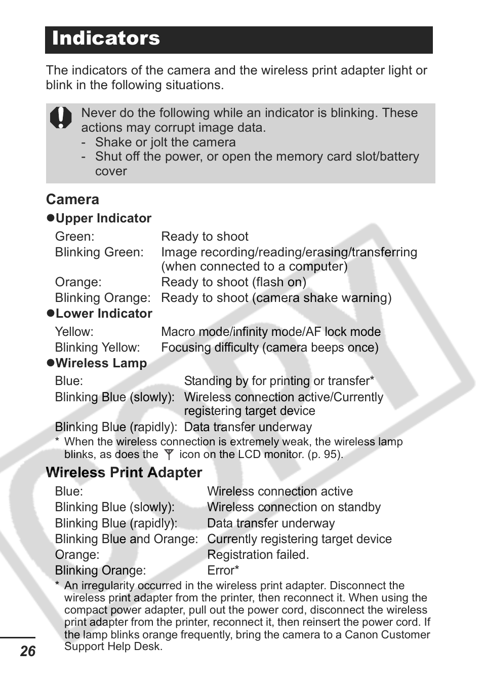 Indicators, Camera, Wireless print adapter | Samsung CDI-E207-010 User Manual | Page 28 / 147