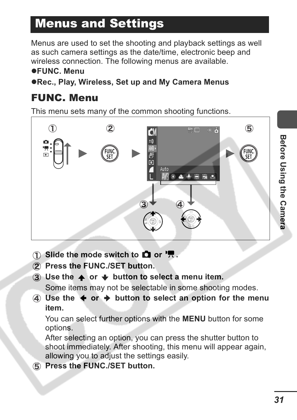 Menus and settings, Func. menu | Samsung CDI-E207-010 User Manual | Page 33 / 147