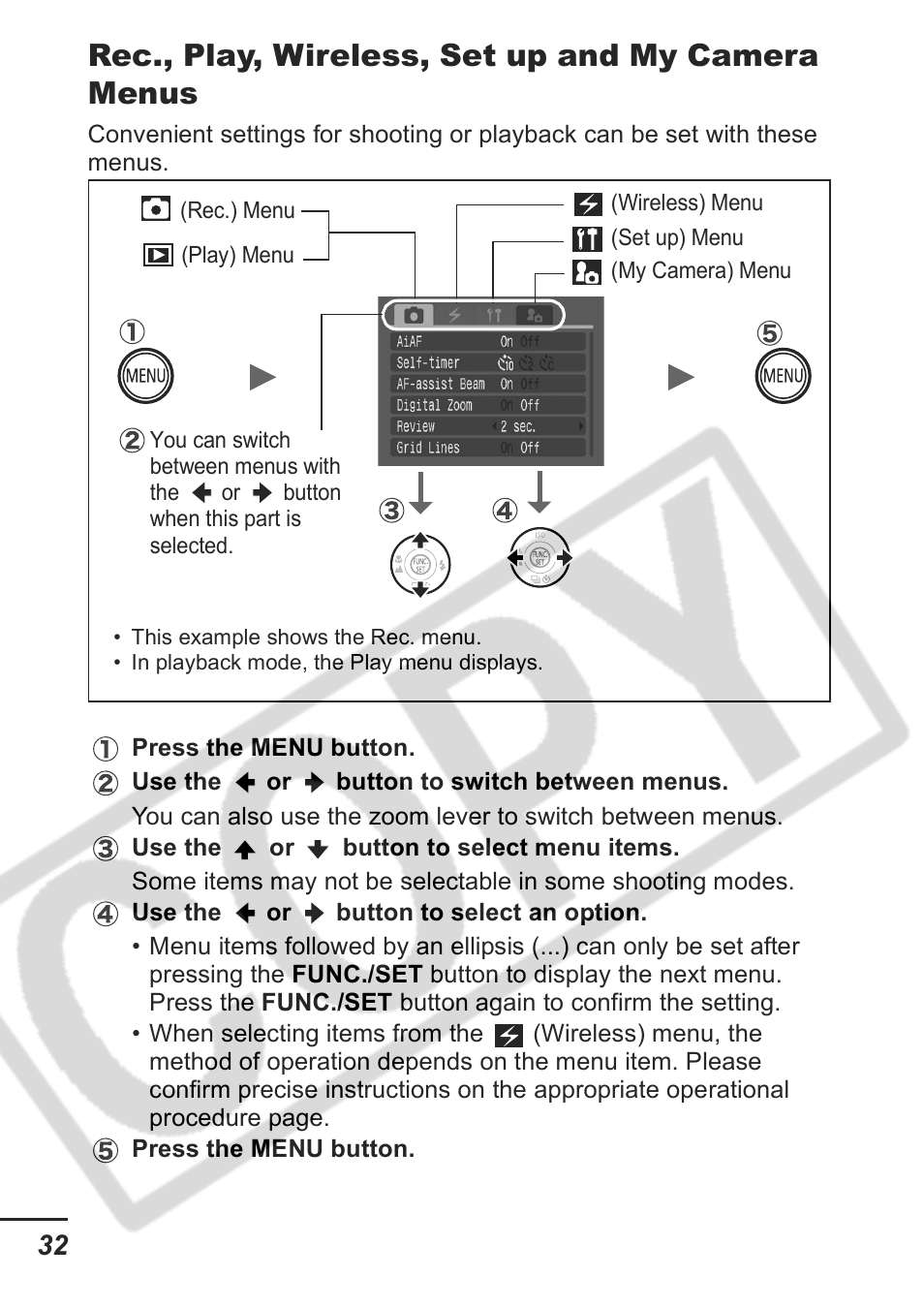 Rec., play, wireless, set up and my camera menus | Samsung CDI-E207-010 User Manual | Page 34 / 147