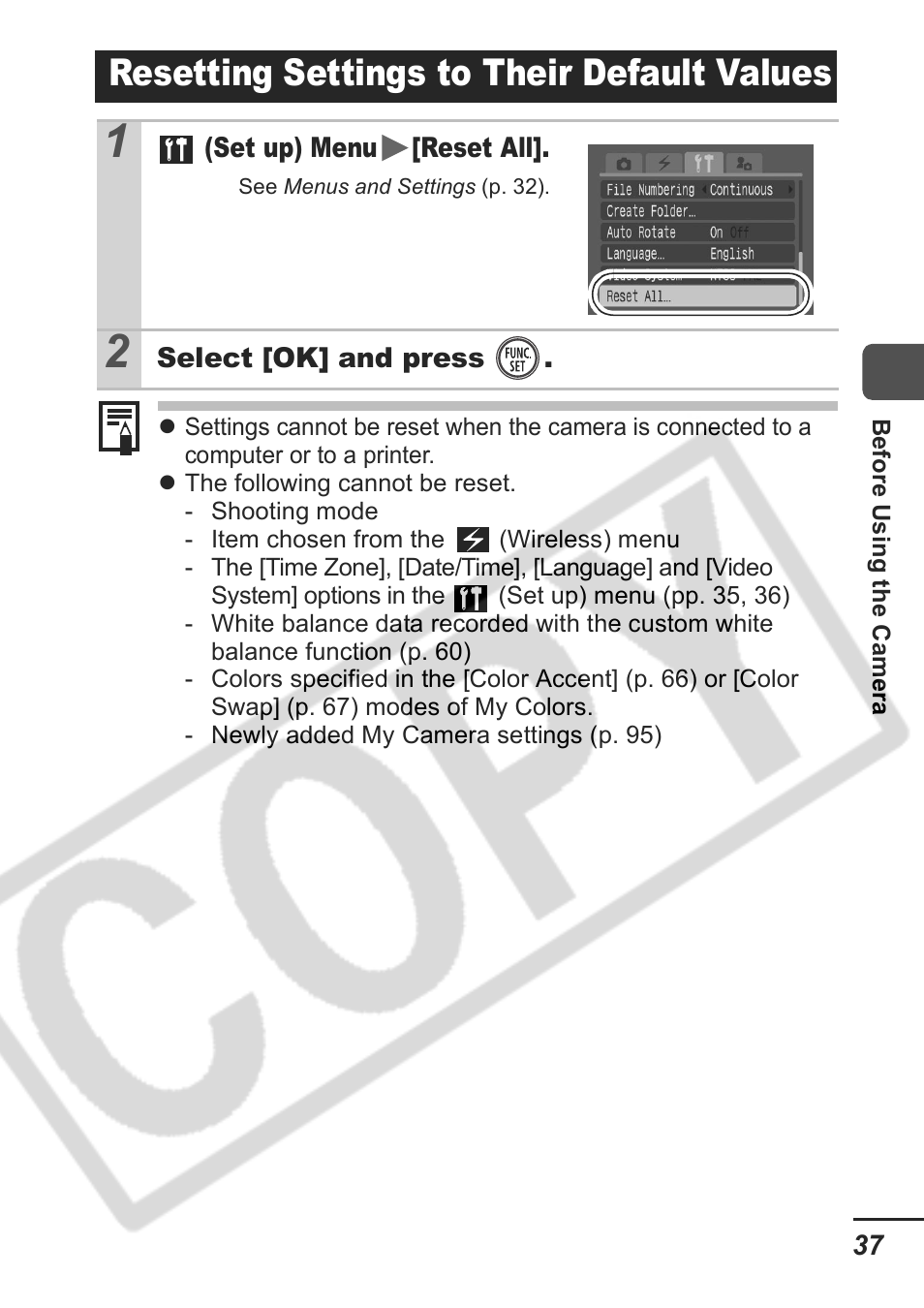 Resetting settings to their default values | Samsung CDI-E207-010 User Manual | Page 39 / 147