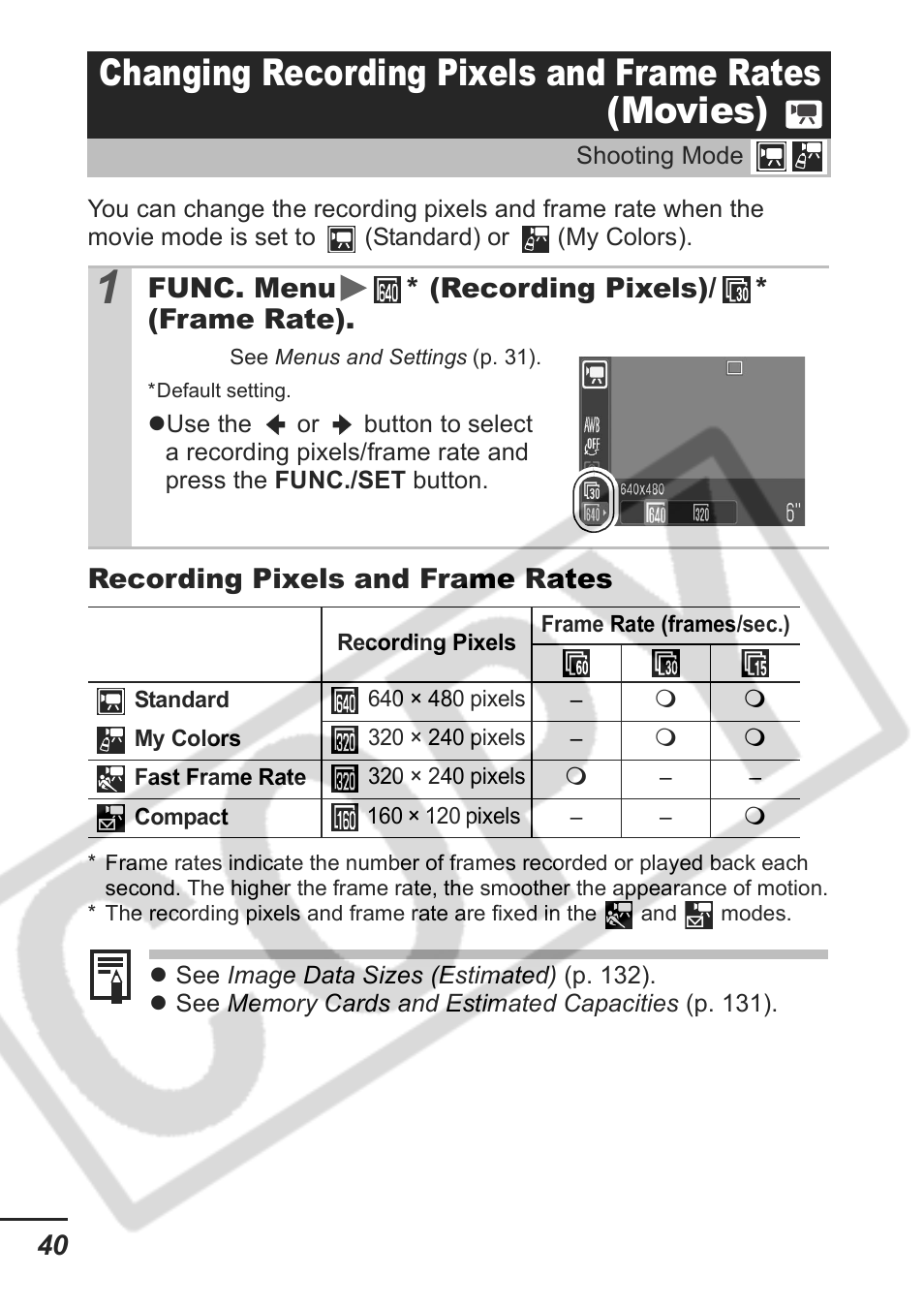 Changing recording pixels and frame rates (movies) | Samsung CDI-E207-010 User Manual | Page 42 / 147