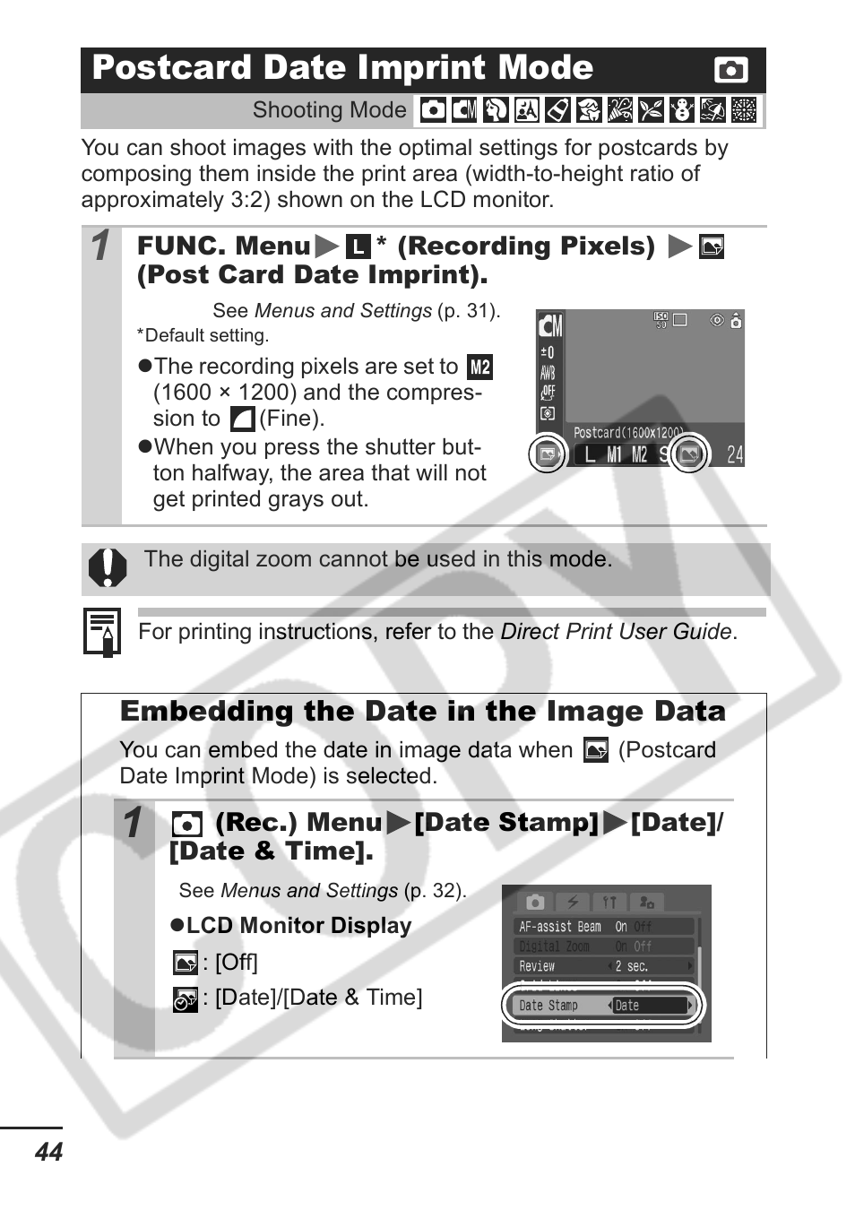 Postcard date imprint mode, Embedding the date in the image data | Samsung CDI-E207-010 User Manual | Page 46 / 147