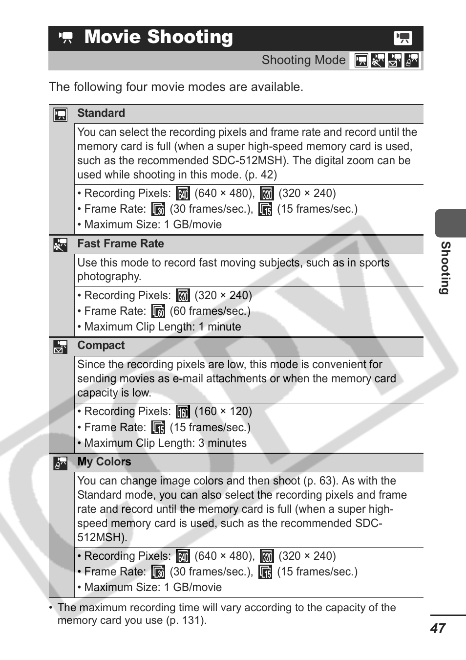 Movie shooting | Samsung CDI-E207-010 User Manual | Page 49 / 147