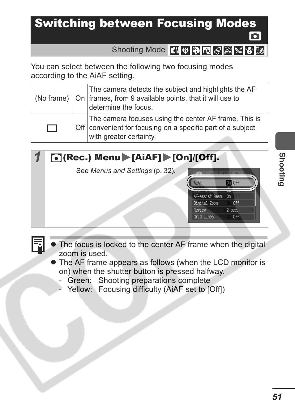 Switching between focusing modes | Samsung CDI-E207-010 User Manual | Page 53 / 147