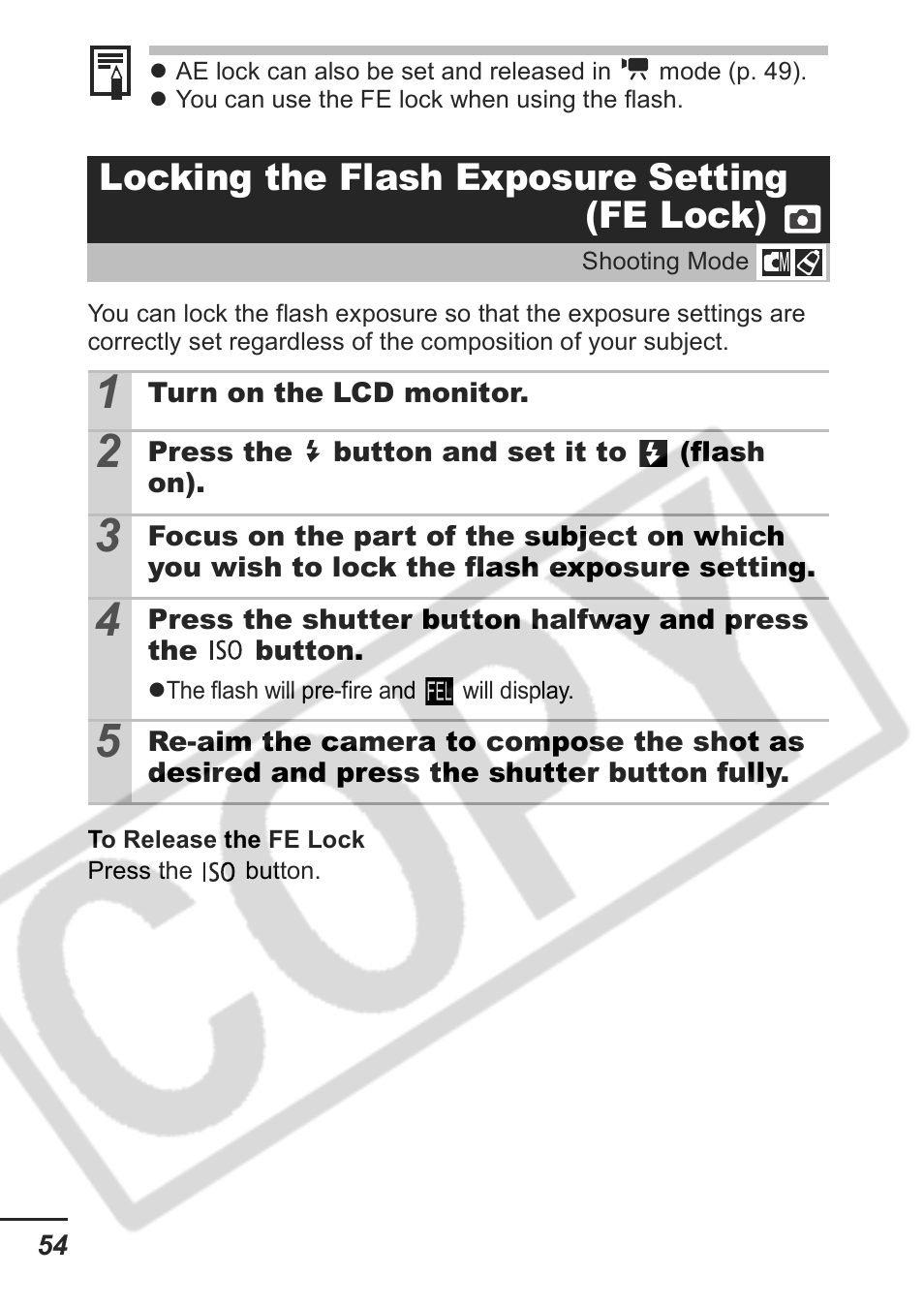 Locking the flash exposure setting (fe lock) | Samsung CDI-E207-010 User Manual | Page 56 / 147