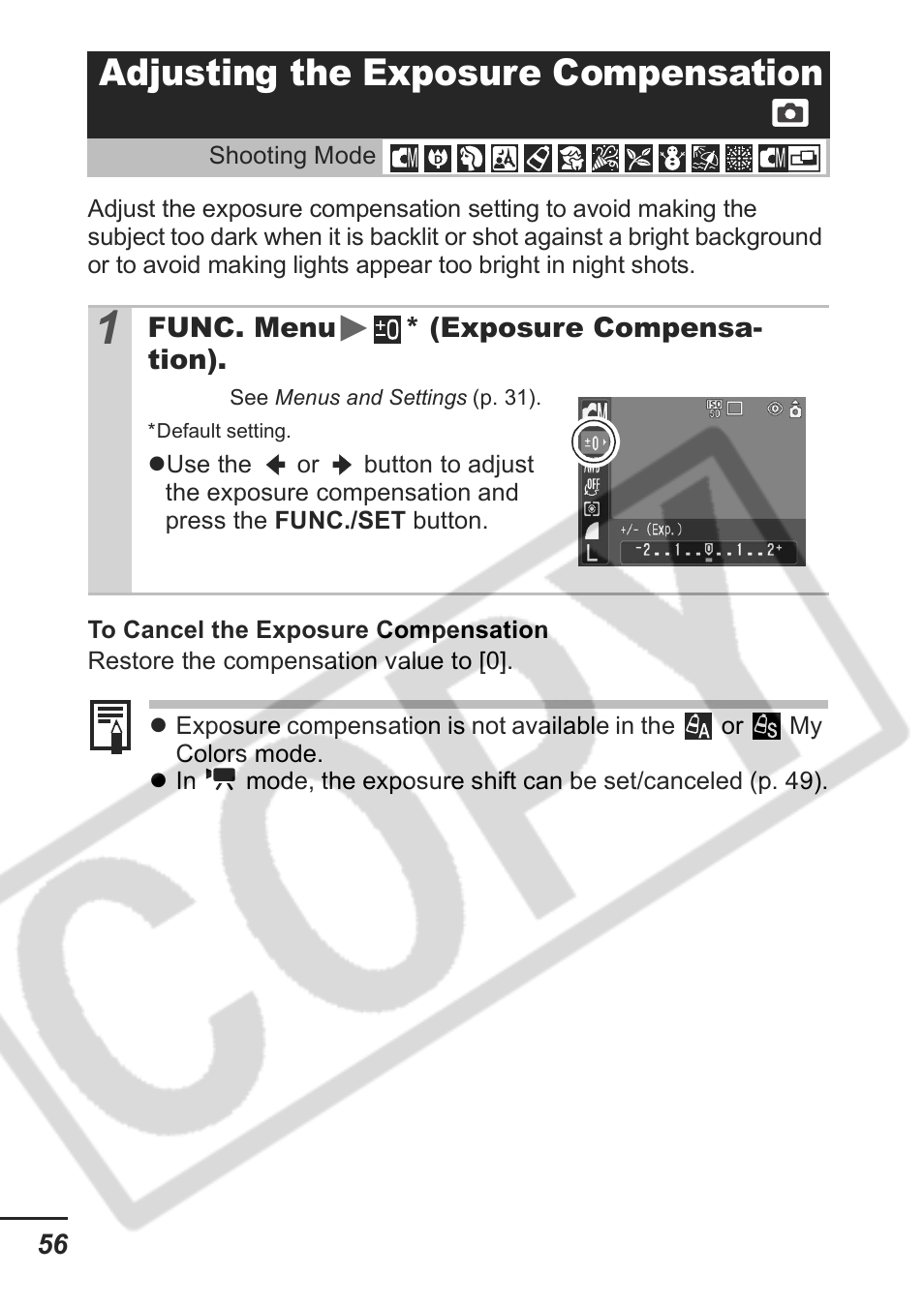 Adjusting the exposure compensation | Samsung CDI-E207-010 User Manual | Page 58 / 147