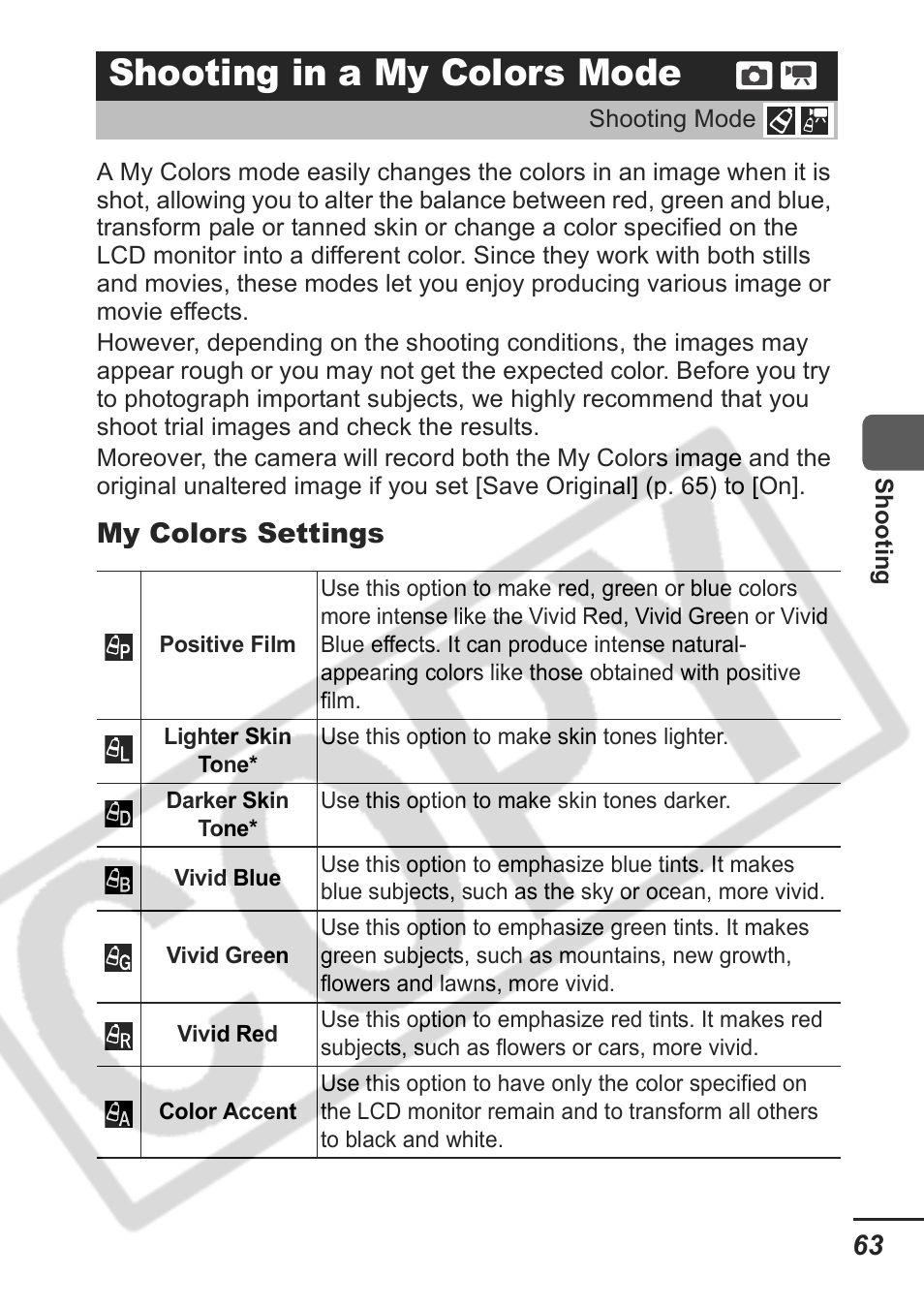 Shooting in a my colors mode, My colors settings | Samsung CDI-E207-010 User Manual | Page 65 / 147