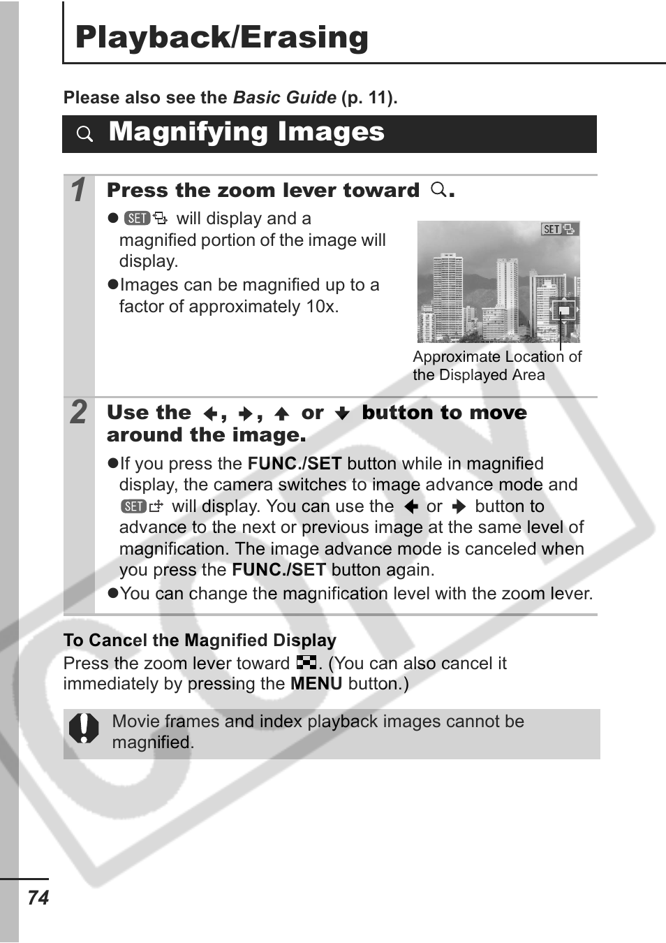 Playback/erasing, Magnifying images | Samsung CDI-E207-010 User Manual | Page 76 / 147