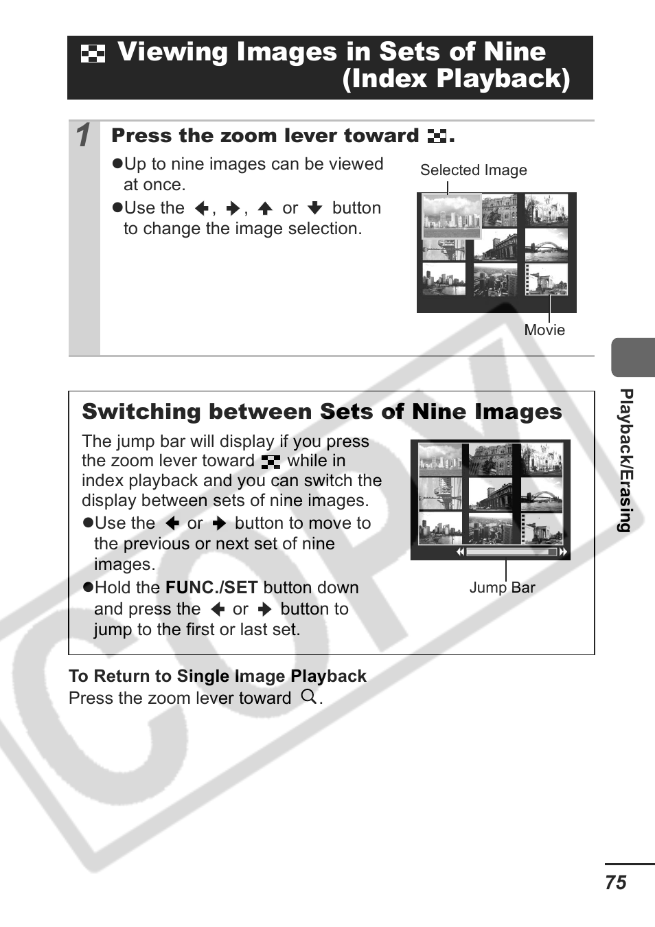 Viewing images in sets of nine (index playback), Switching between sets of nine images | Samsung CDI-E207-010 User Manual | Page 77 / 147