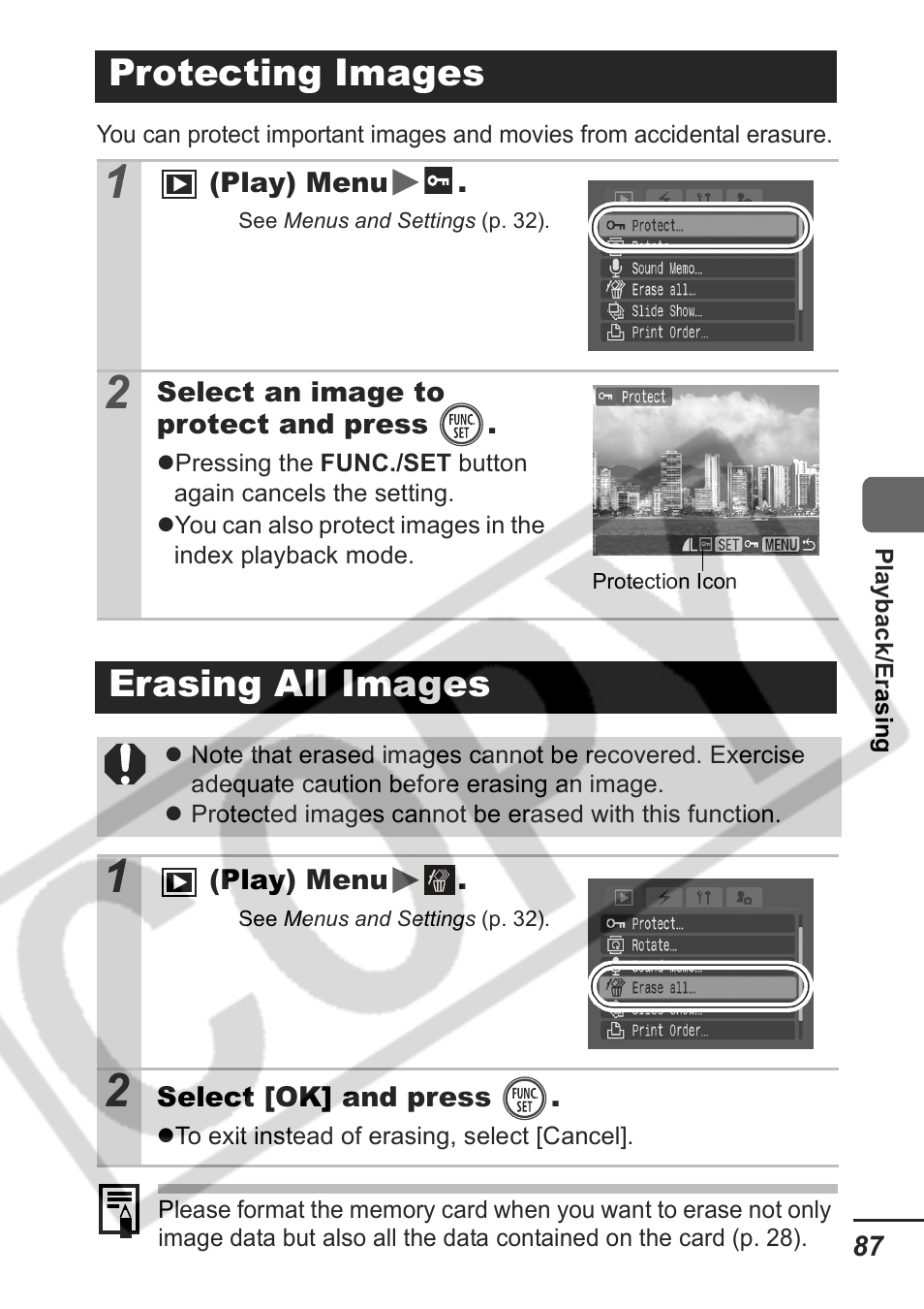 Protecting images, Erasing all images | Samsung CDI-E207-010 User Manual | Page 89 / 147