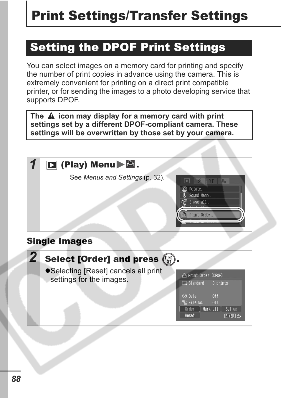 Print settings/transfer settings, Setting the dpof print settings | Samsung CDI-E207-010 User Manual | Page 90 / 147