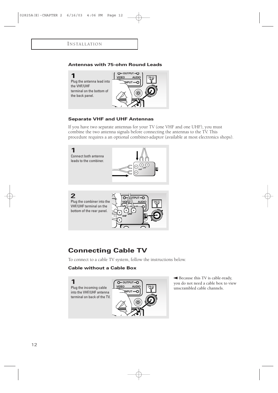 Connecting cable tv | Samsung CT-20H4 User Manual | Page 12 / 37