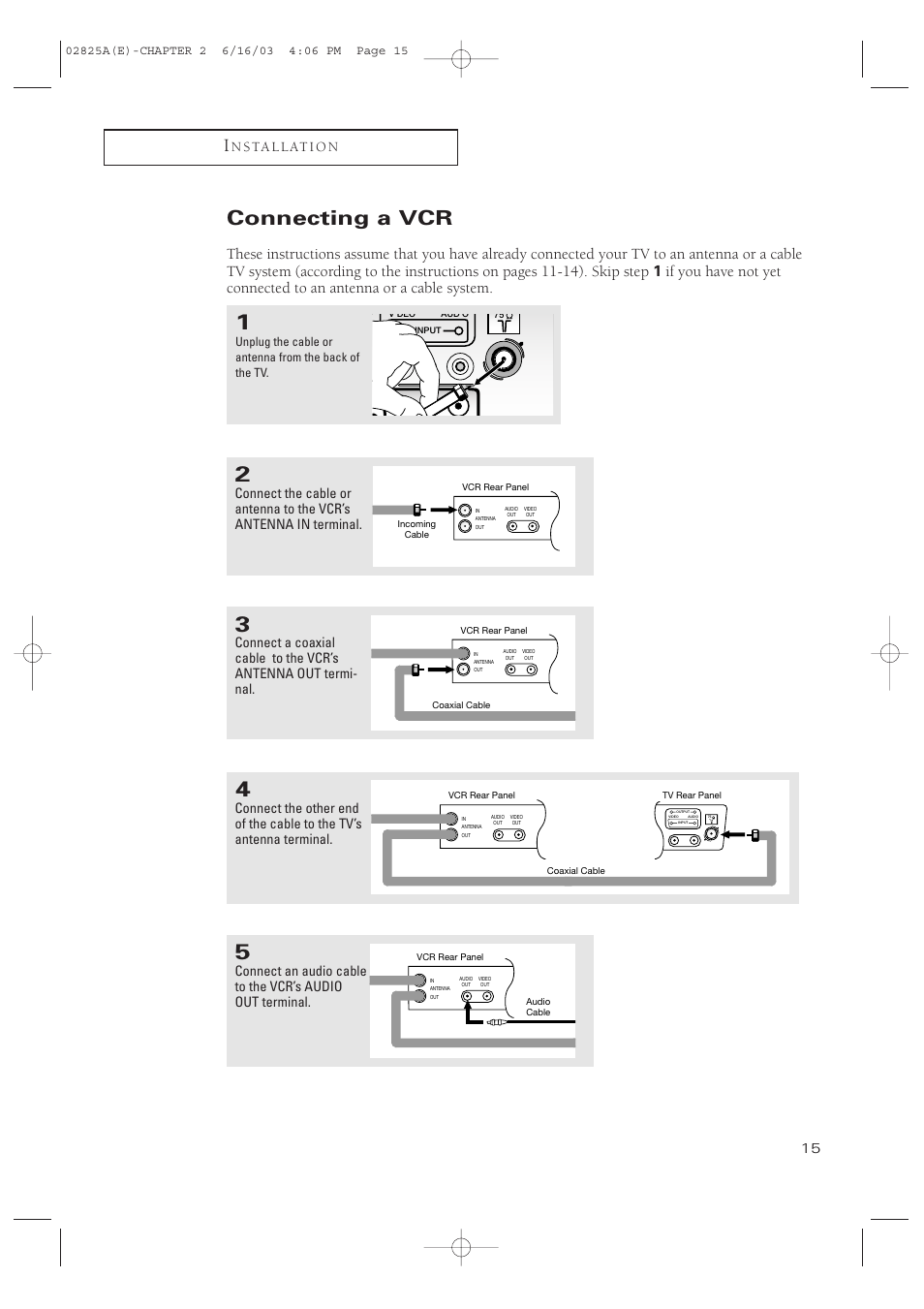 Connecting a vcr, N s ta l l at i o n | Samsung CT-20H4 User Manual | Page 15 / 37