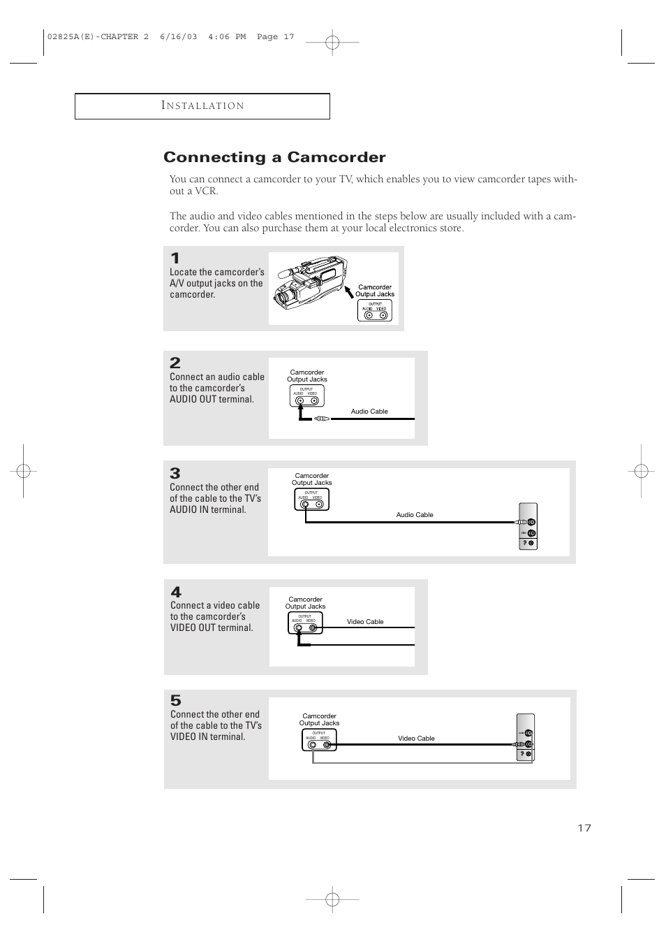 Connecting a camcorder | Samsung CT-20H4 User Manual | Page 17 / 37