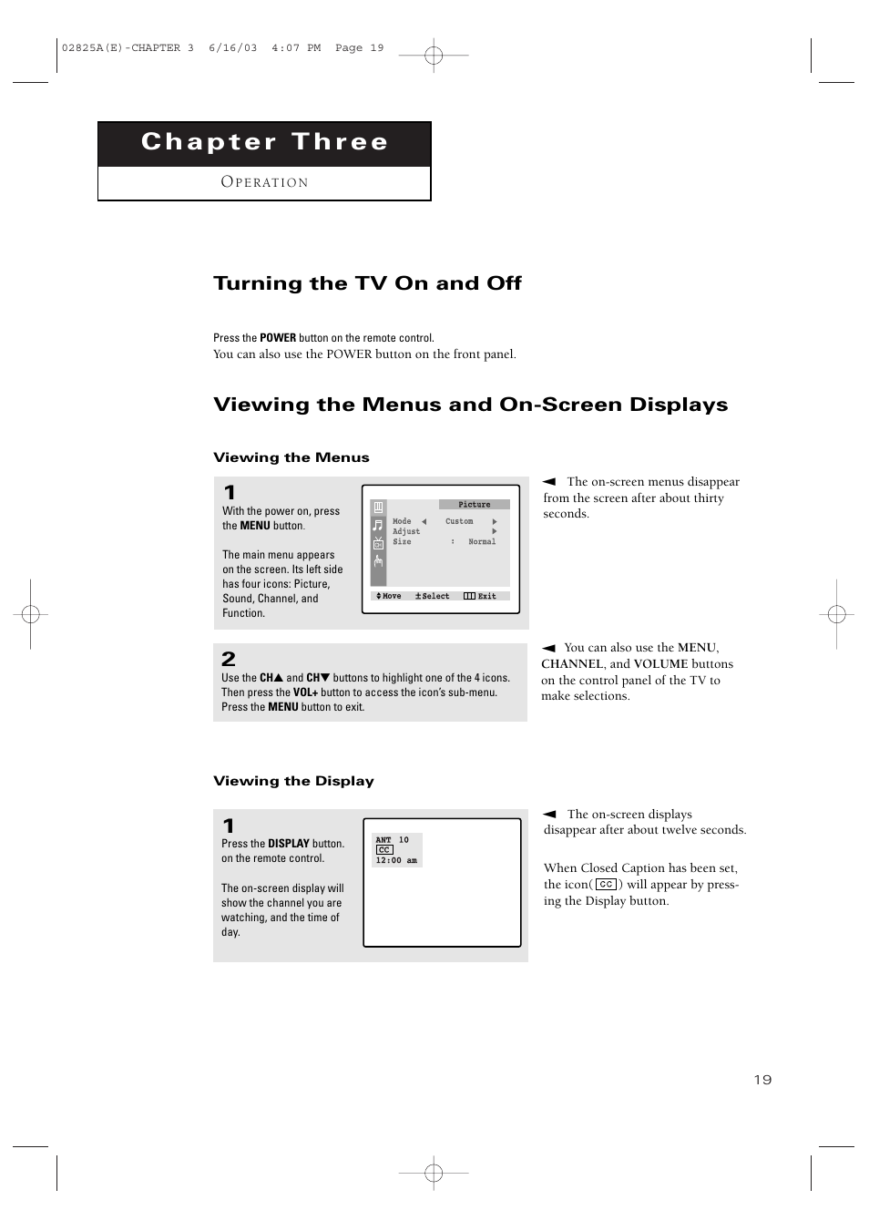 Turning the tv on and off, Viewing the menus and on-screen displays | Samsung CT-20H4 User Manual | Page 19 / 37