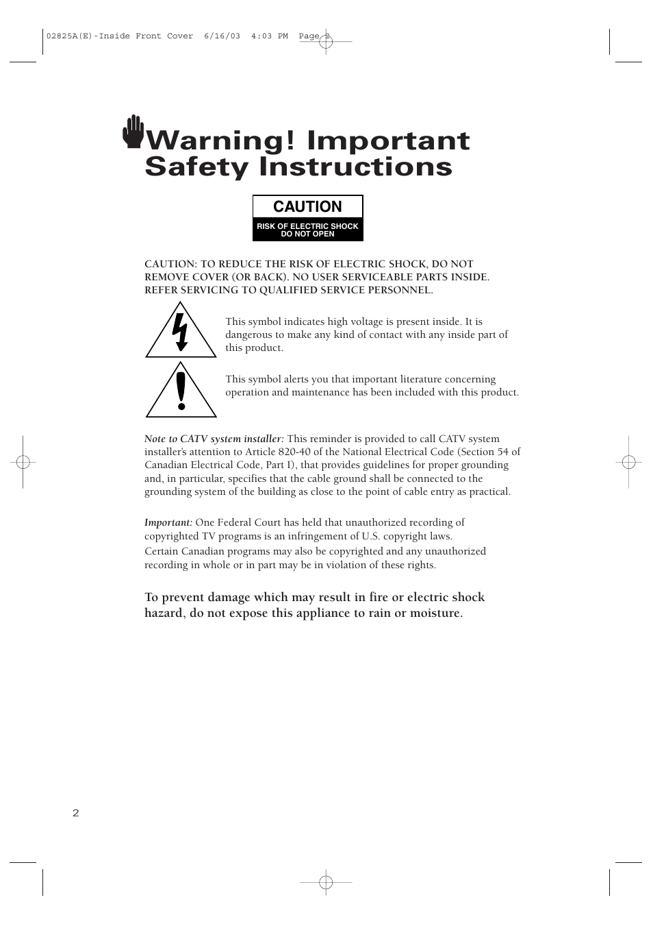 Warning! important safety instructions | Samsung CT-20H4 User Manual | Page 2 / 37