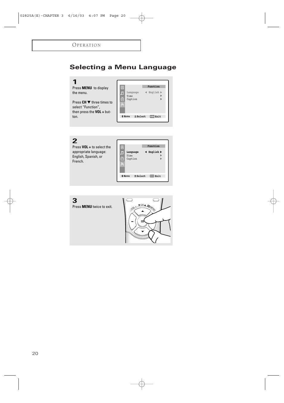 Selecting a menu language | Samsung CT-20H4 User Manual | Page 20 / 37