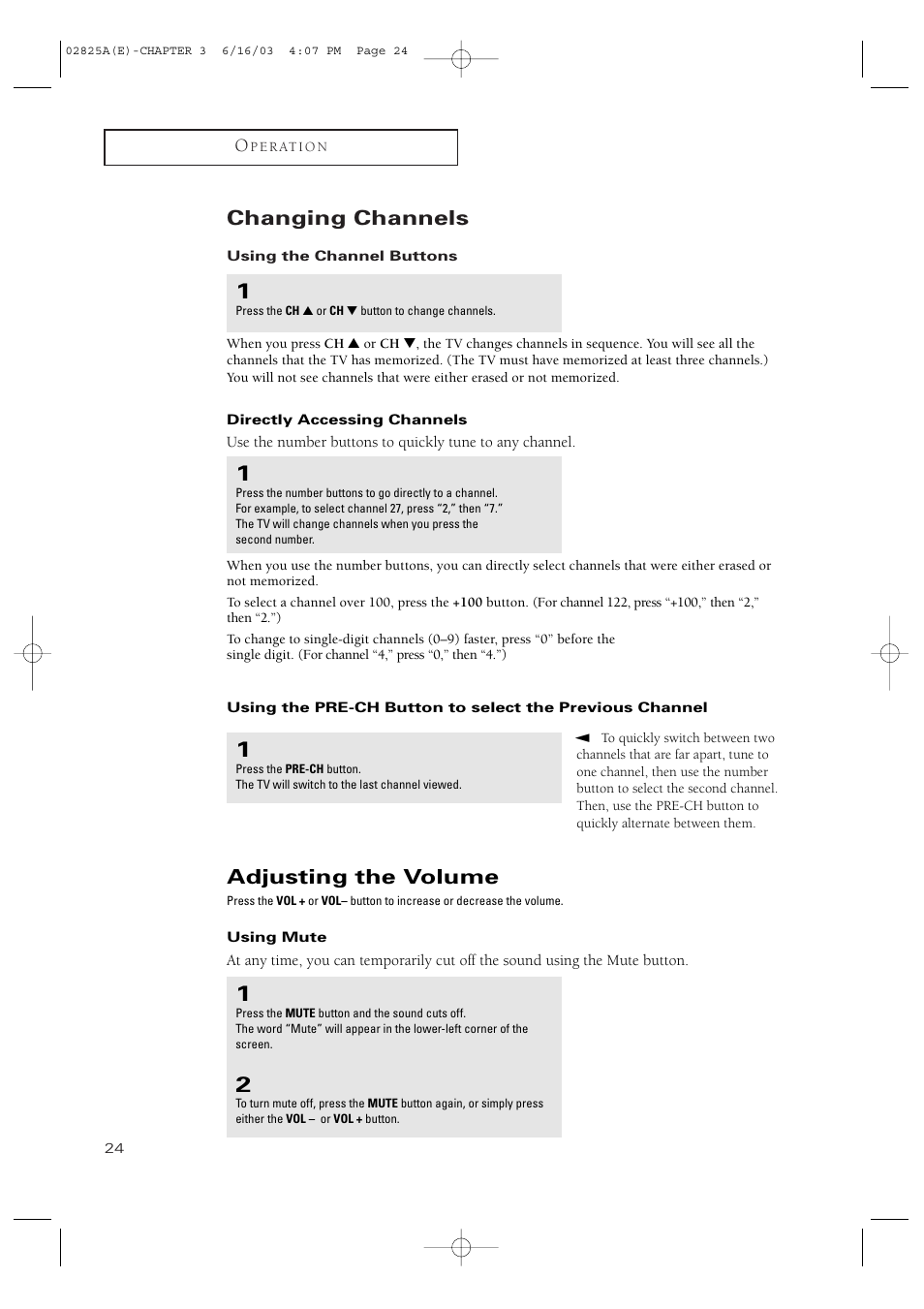 Changing channels, Adjusting the volume | Samsung CT-20H4 User Manual | Page 24 / 37