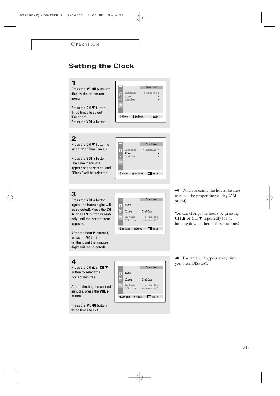 Setting the clock | Samsung CT-20H4 User Manual | Page 25 / 37
