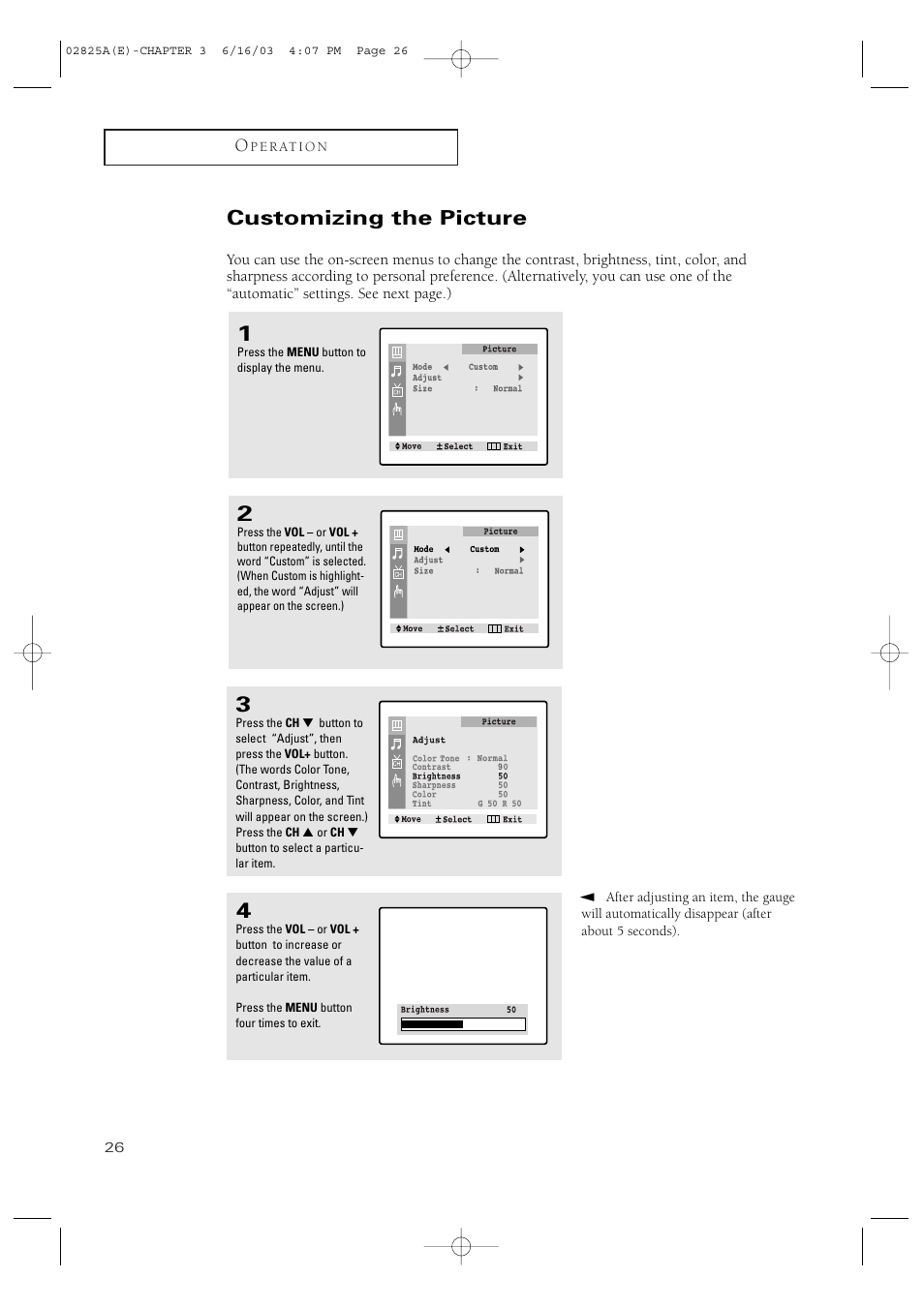 Customizing the picture | Samsung CT-20H4 User Manual | Page 26 / 37