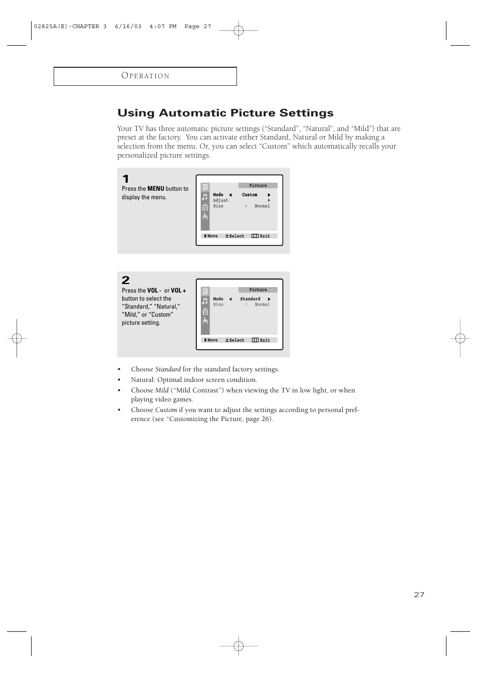 Using automatic picture settings | Samsung CT-20H4 User Manual | Page 27 / 37