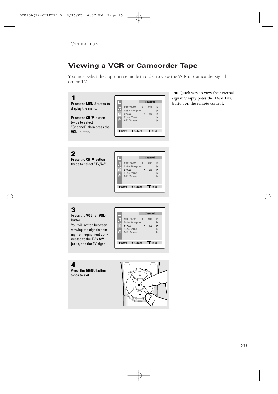Viewing a vcr or camcorder tape | Samsung CT-20H4 User Manual | Page 29 / 37
