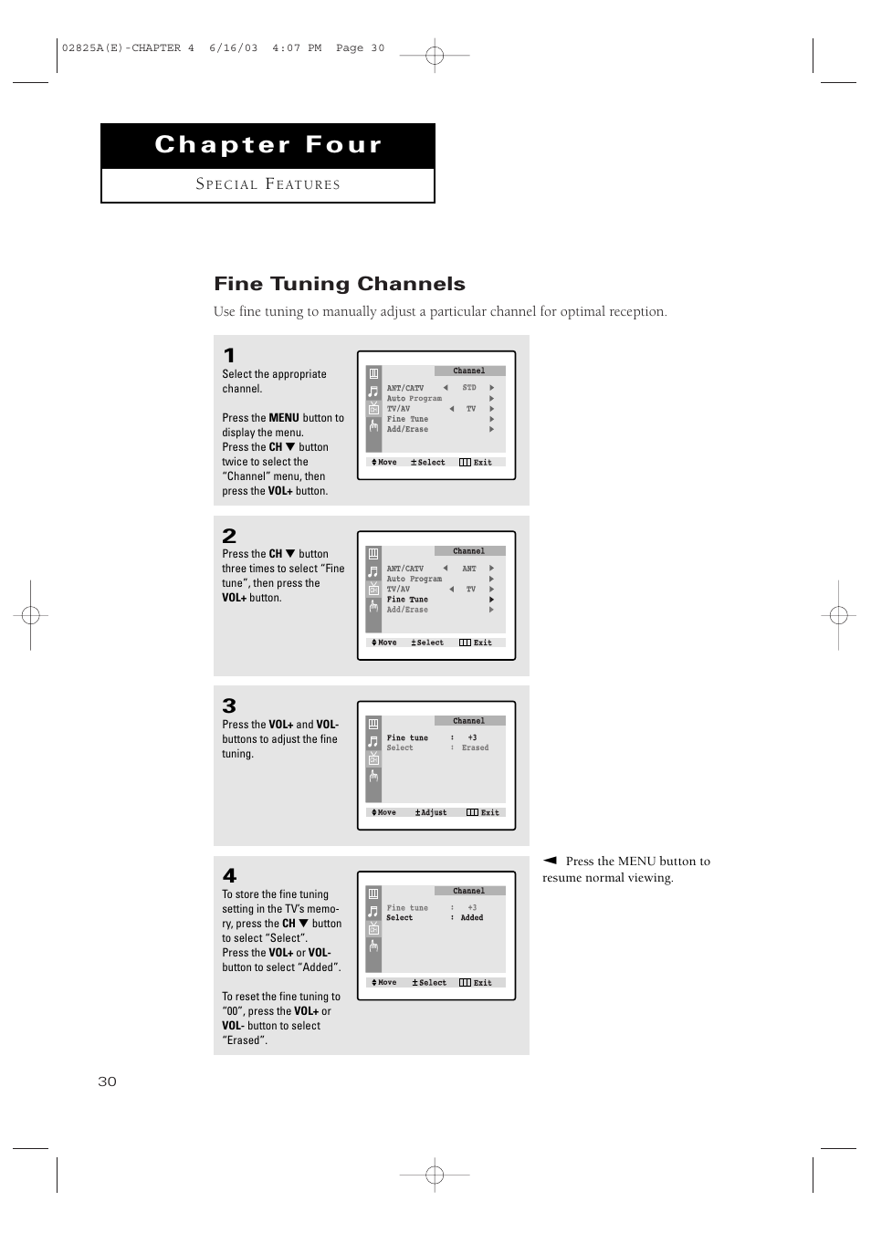 Fine tuning channels | Samsung CT-20H4 User Manual | Page 30 / 37