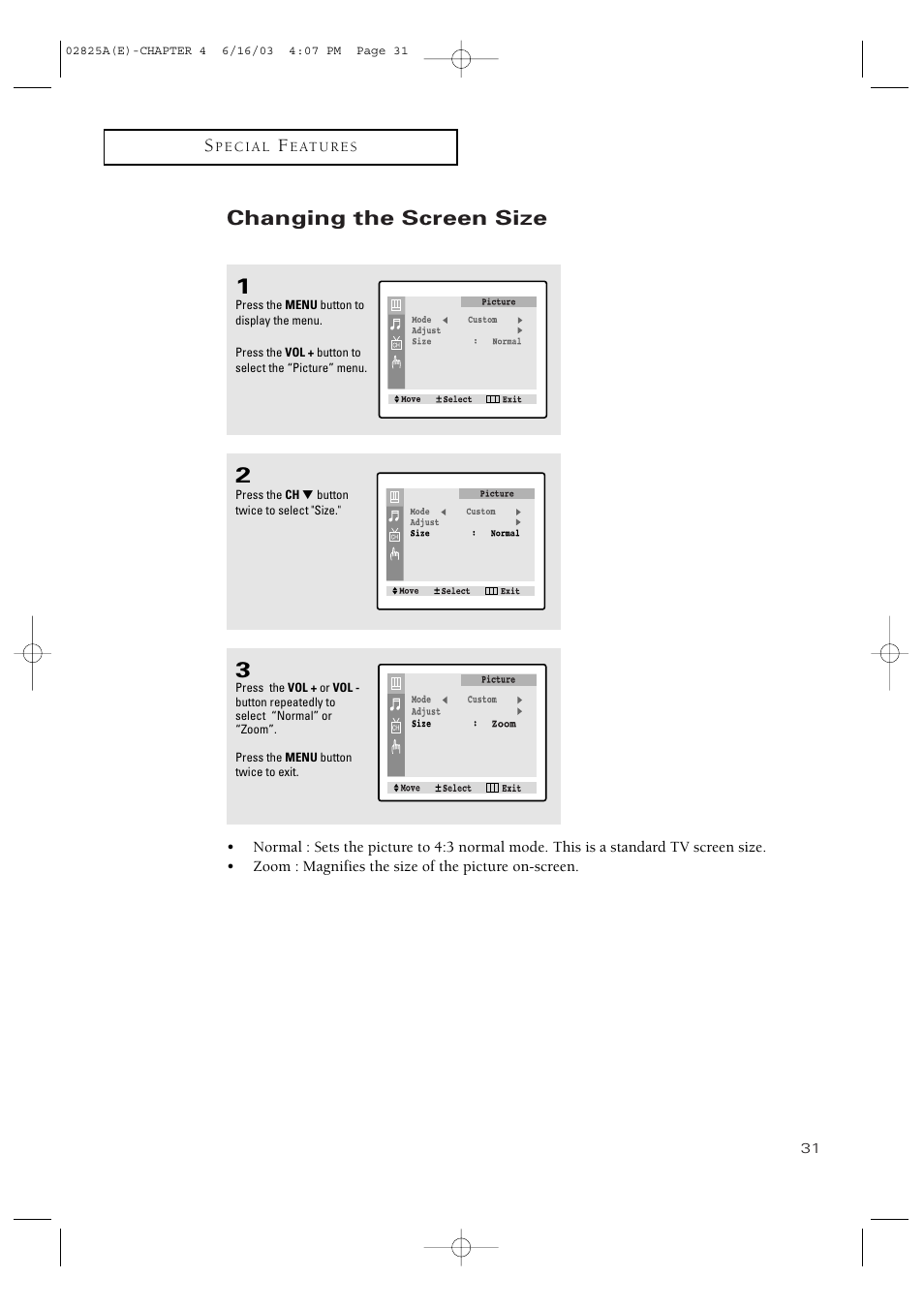 Changing the screen size | Samsung CT-20H4 User Manual | Page 31 / 37