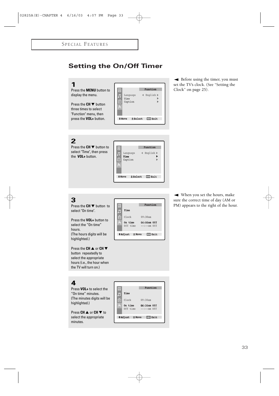Setting the on/off timer | Samsung CT-20H4 User Manual | Page 33 / 37