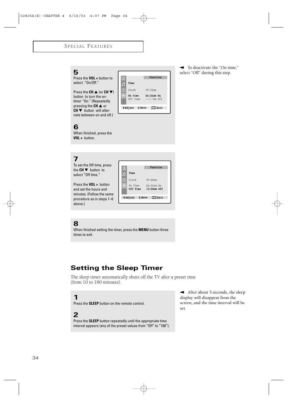 Setting the sleep timer | Samsung CT-20H4 User Manual | Page 34 / 37