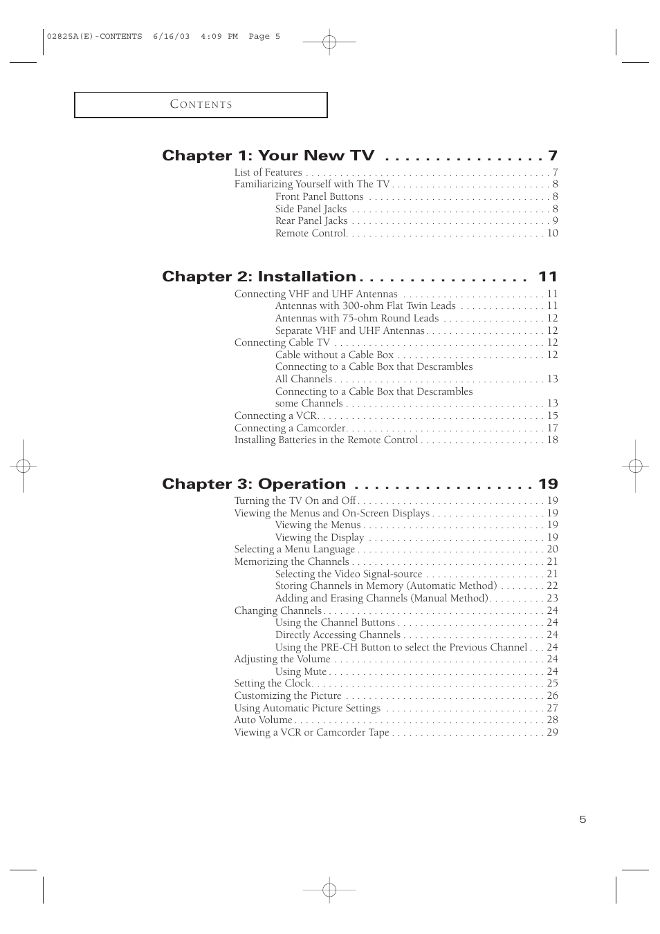 Chapter 1: your new tv, Chapter 2: installation, Chapter 3: operation | Samsung CT-20H4 User Manual | Page 5 / 37