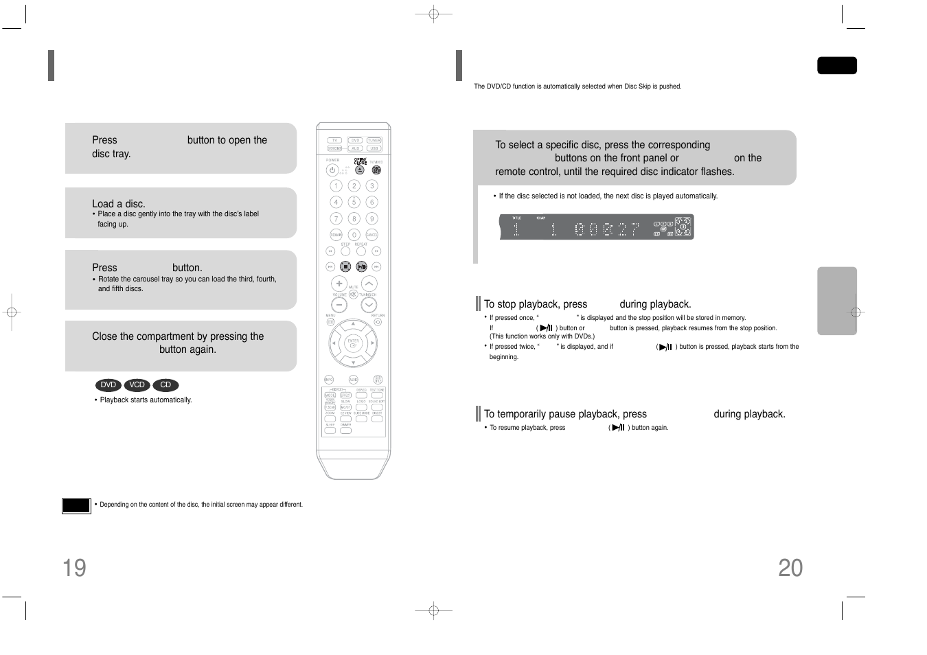 Disc playback, Selecting a disc in the disc changer, 19 disc playback | Samsung HT-Q40 User Manual | Page 11 / 37