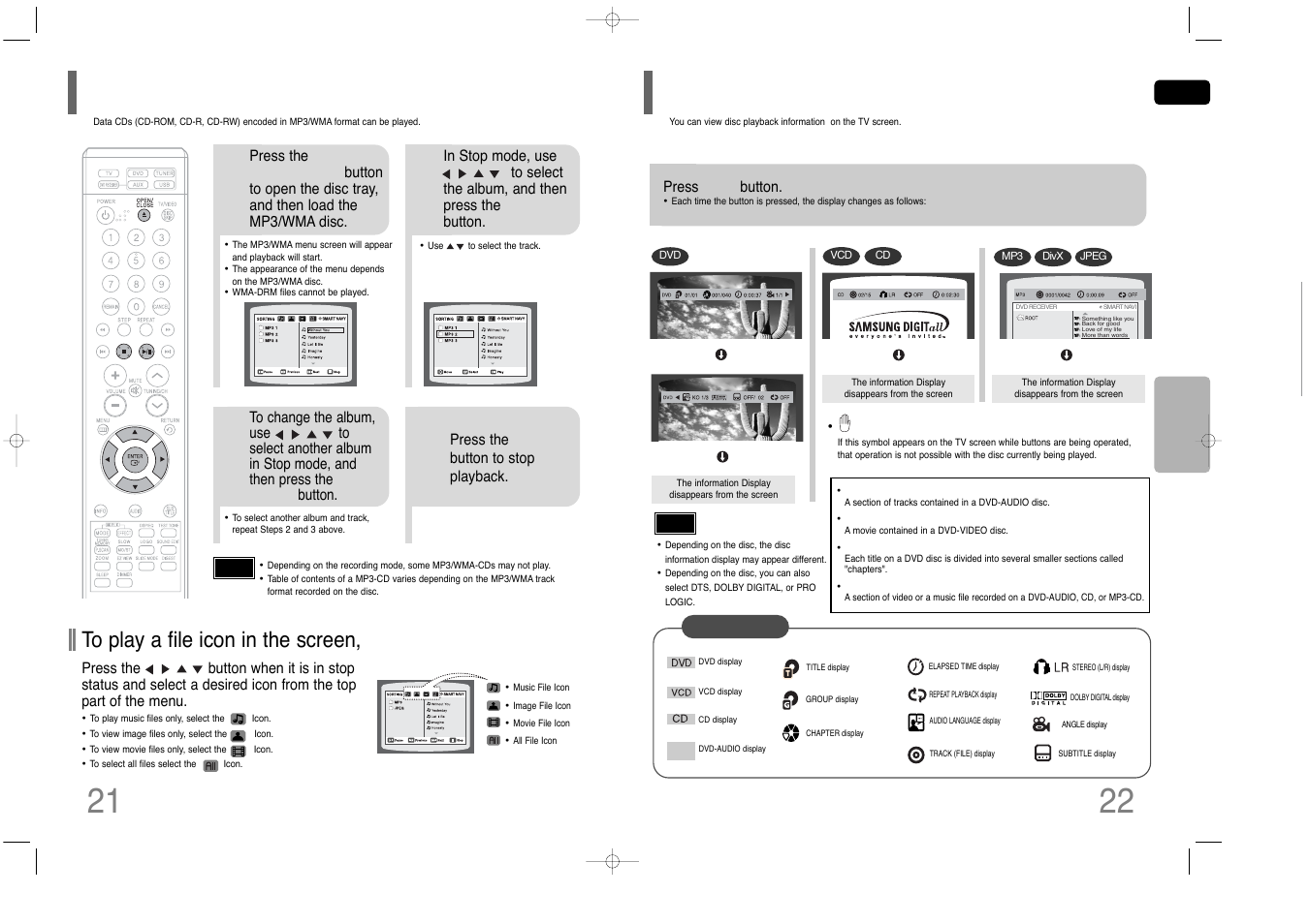 Mp3/wma-cd playback, Displaying disc information | Samsung HT-Q40 User Manual | Page 12 / 37