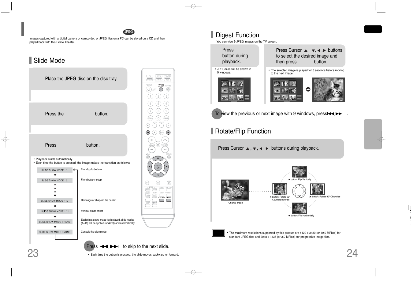 Jpeg file playback, Rotate/flip function, Digest function | Slide mode | Samsung HT-Q40 User Manual | Page 13 / 37