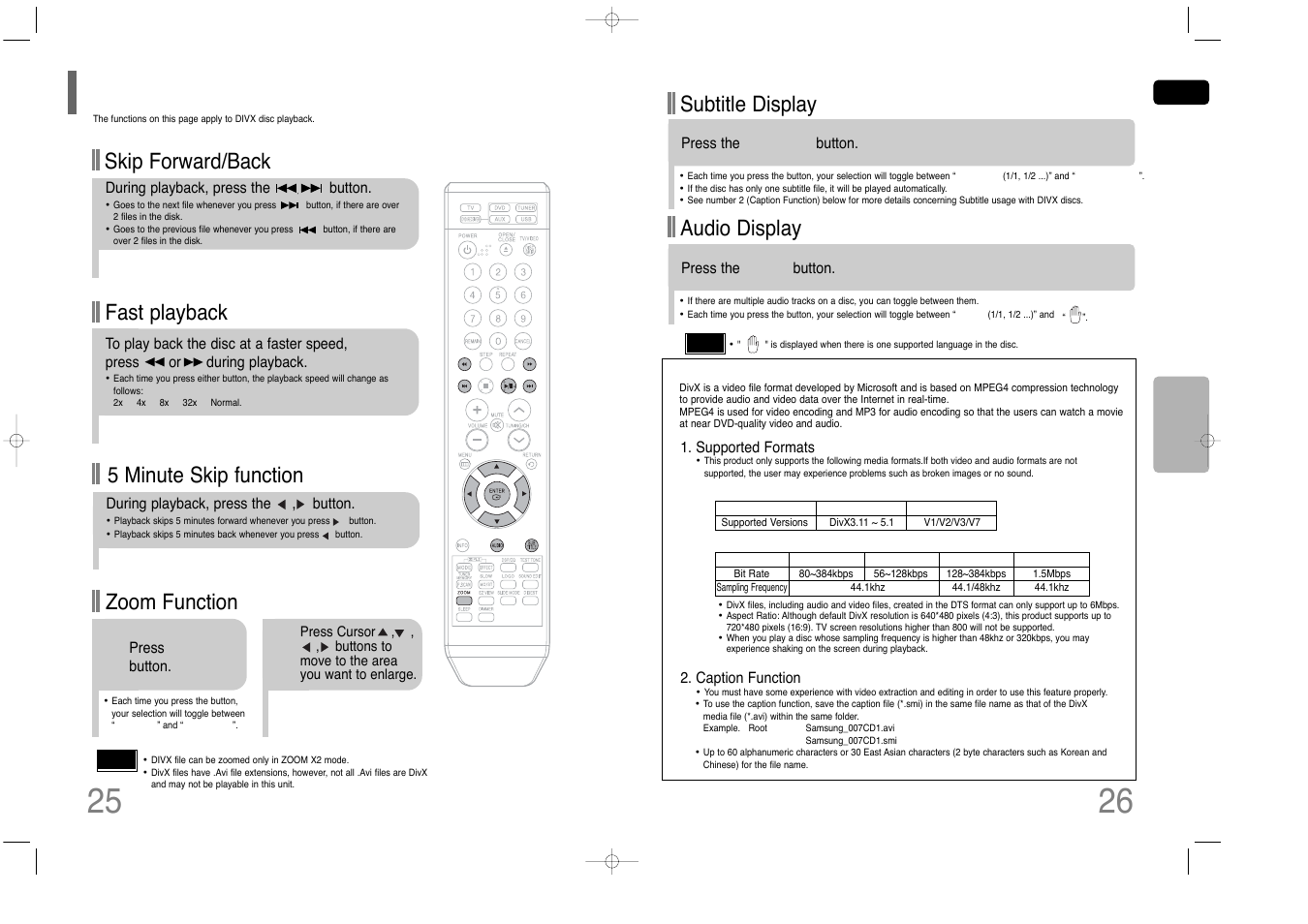 Divx playback, Fast playback, Skip forward/back | Zoom function, 5 minute skip function, Subtitle display, Audio display | Samsung HT-Q40 User Manual | Page 14 / 37