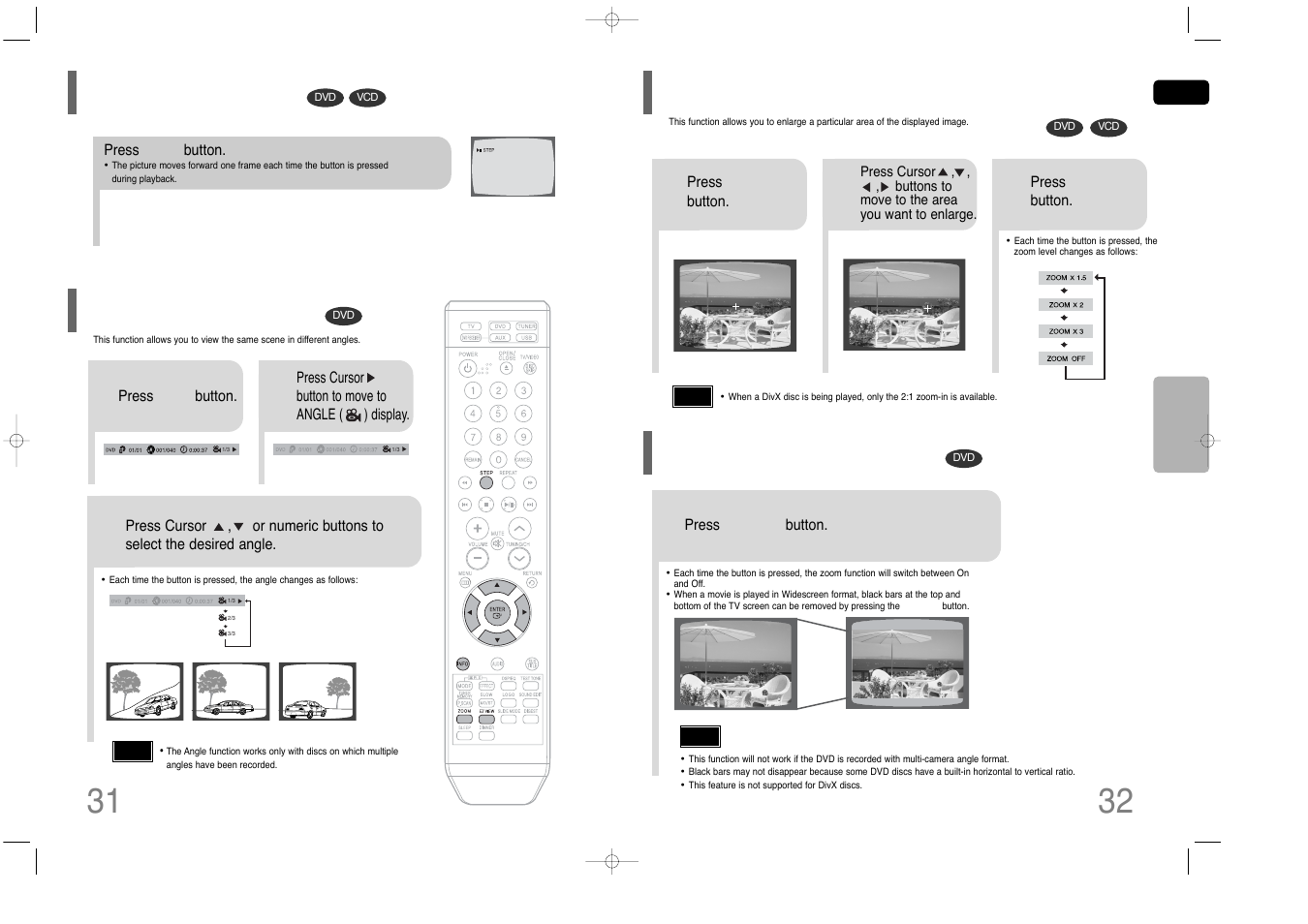 Step function, Angle function, Zoom (screen enlarge) function | Ez view function, Zoom (screen enlarge) function ez view function | Samsung HT-Q40 User Manual | Page 17 / 37