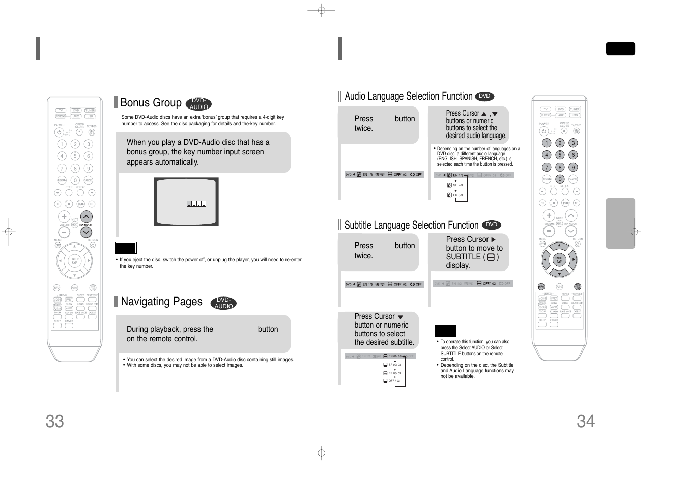 Selecting audio/subtitle language, Bonus group / navigating pages 34 33, Bonus group | Navigating pages, Audio language selection function, Subtitle language selection function | Samsung HT-Q40 User Manual | Page 18 / 37