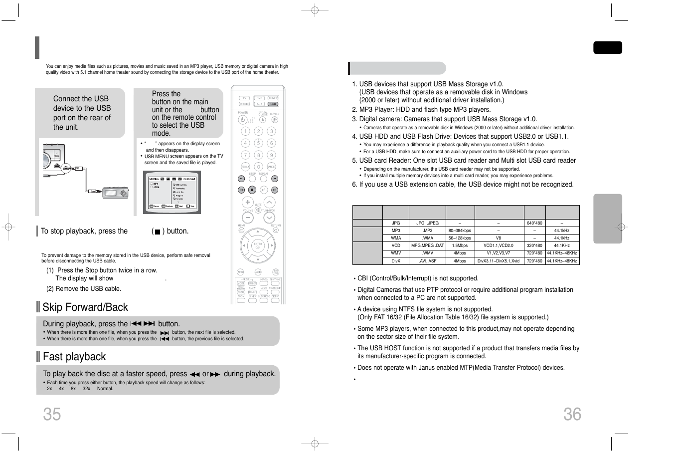 Playing media files using the usb host feature, Fast playback skip forward/back | Samsung HT-Q40 User Manual | Page 19 / 37