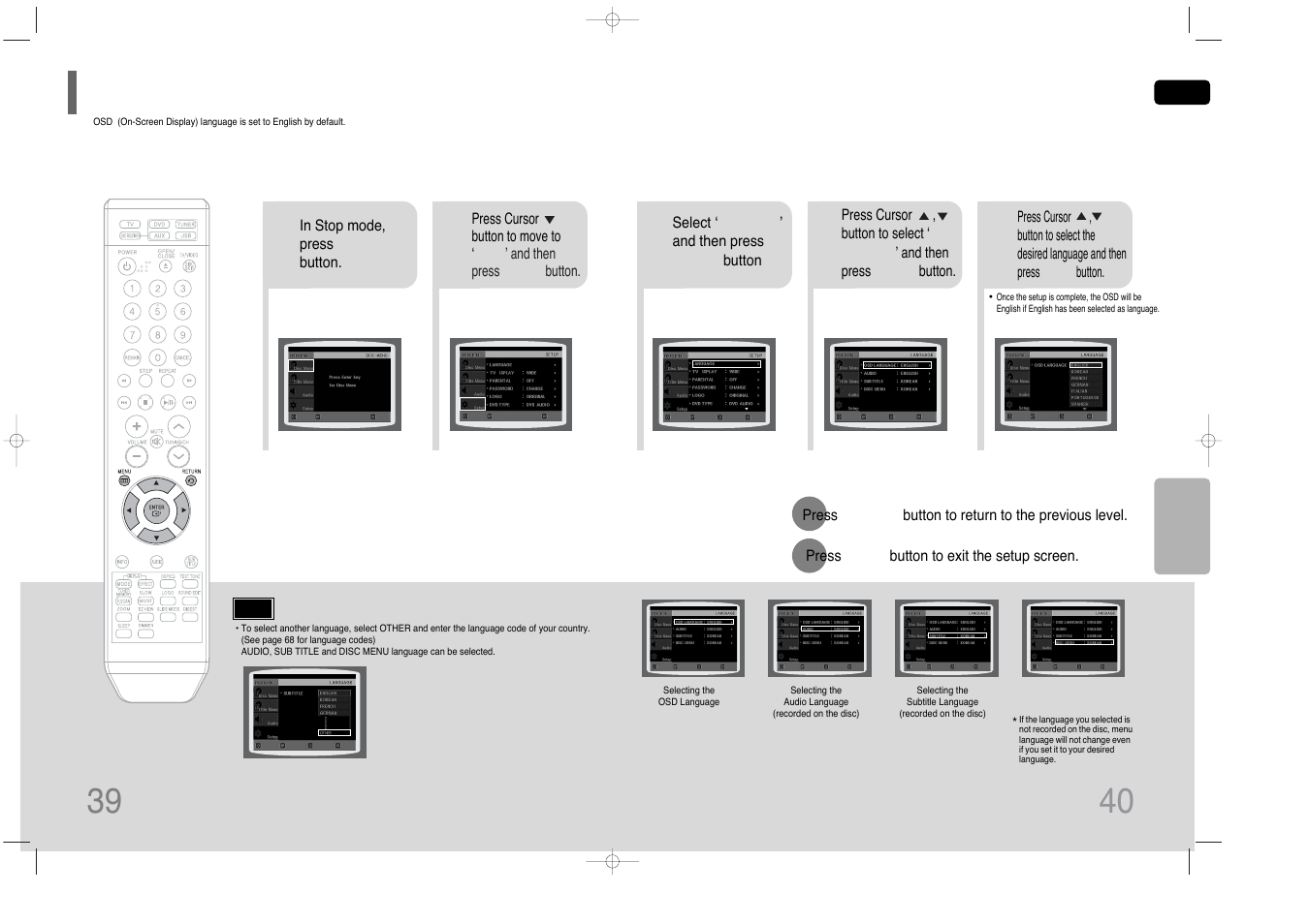 Setup, Setting the language, Setting the language 39 | Samsung HT-Q40 User Manual | Page 21 / 37