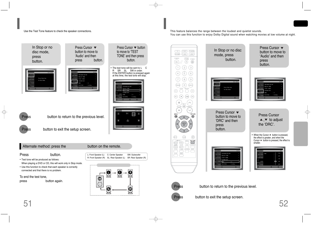 Setting the test tone, Setting the drc (dynamic range compression), Setting the drc | Dynamic range compression) | Samsung HT-Q40 User Manual | Page 27 / 37