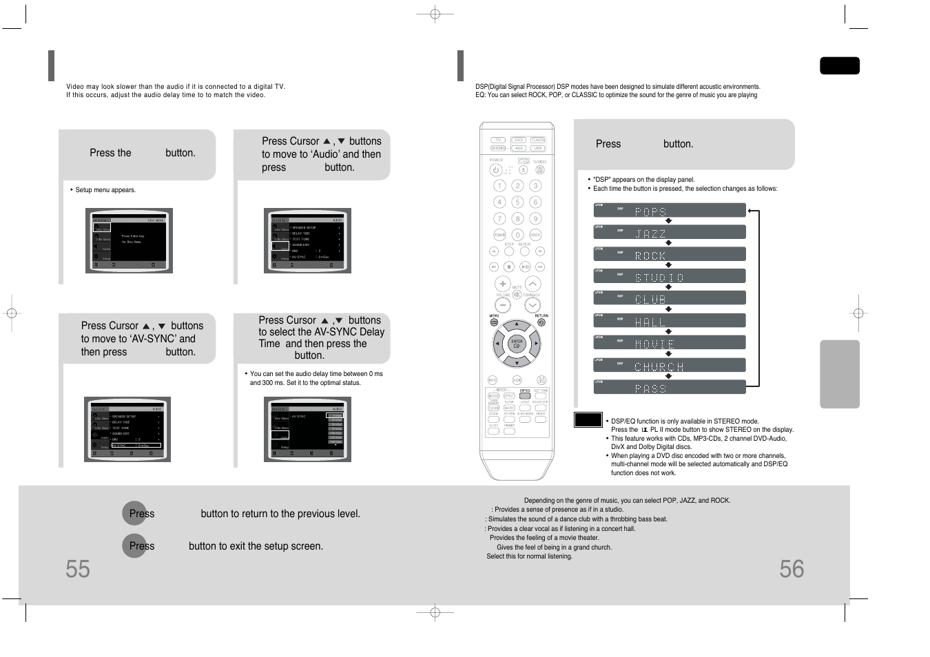 Av sync setup, Sound field (dsp)/eq function, Av sync setup 55 | Samsung HT-Q40 User Manual | Page 29 / 37