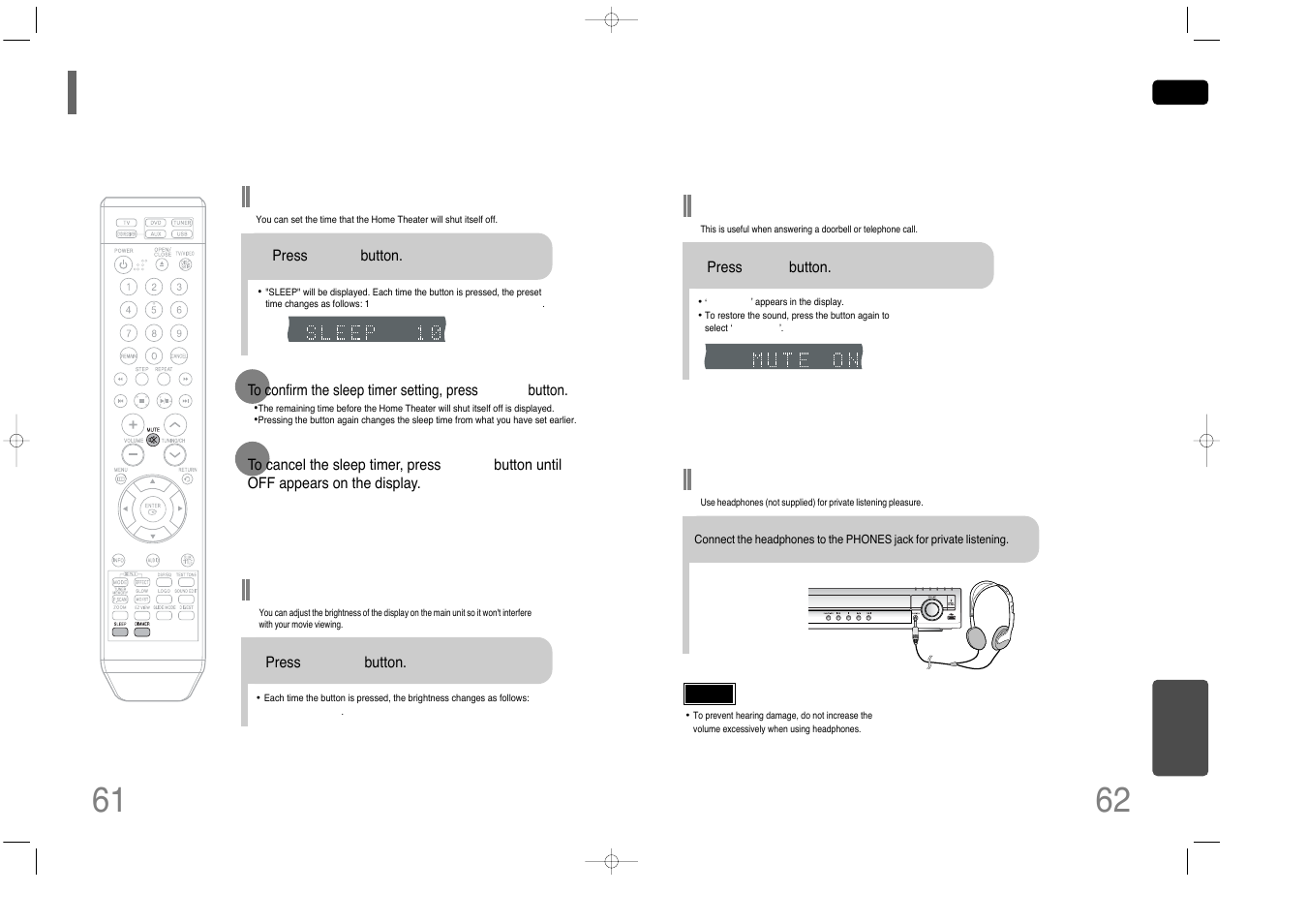 Convenient functions, Adjusting display brightness, Sleep timer function | Mute function, Using headphones | Samsung HT-Q40 User Manual | Page 32 / 37