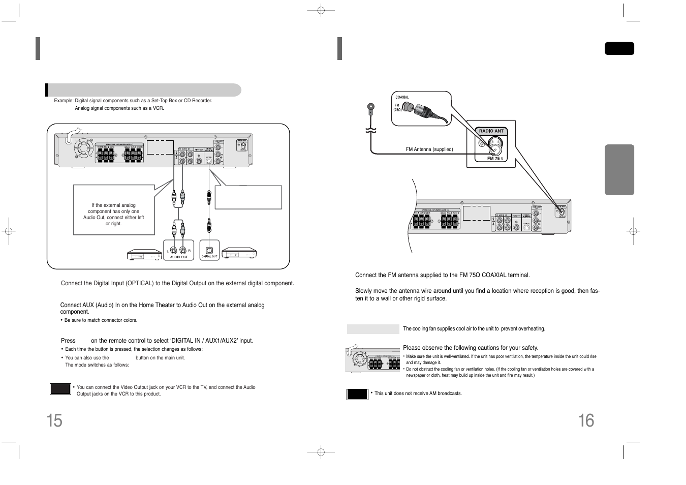 Connecting external components, Connecting the fm antenna | Samsung HT-Q40 User Manual | Page 9 / 37