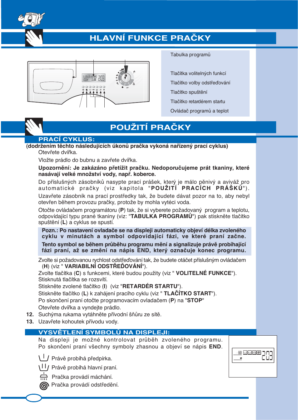 Pouîití praâky, Model, Hlavní funkce praâky | Praãka provádí máchání. praãka provádí odstﬁedûní | Ardo FL105L User Manual | Page 16 / 52
