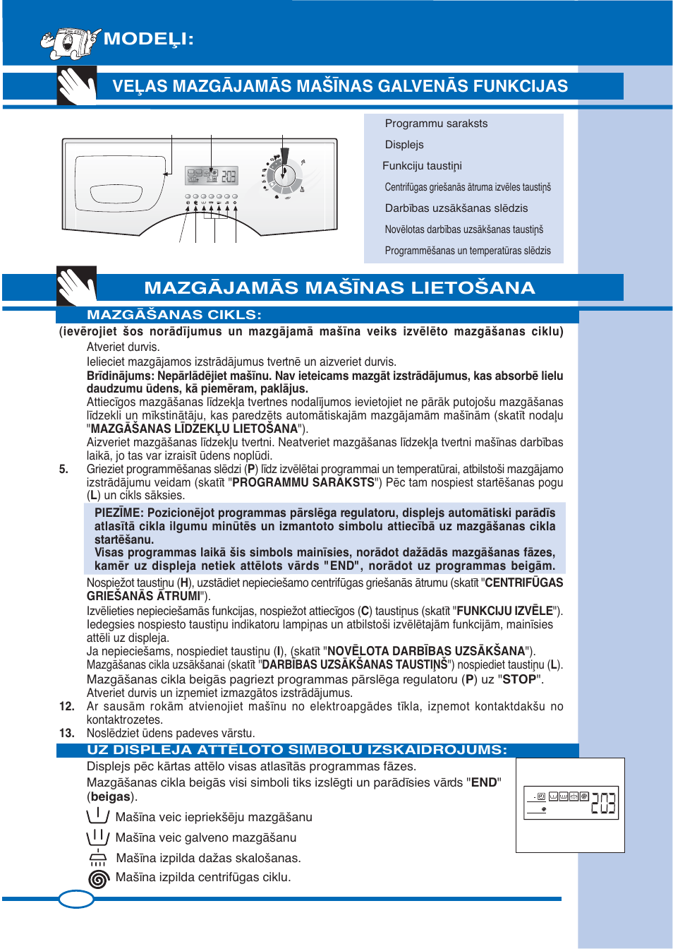 Mazgåjamås ma·±nas lieto·ana, Modeπi, Veπas mazgåjamås ma·±nas galvenås funkcijas | Ardo FL105L User Manual | Page 36 / 52