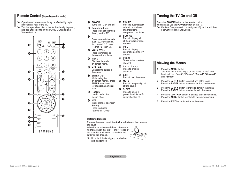 Remote control (depending on the model), Turning the tv on and off, Viewing the menus | Remote control | Samsung CT21A750 User Manual | Page 2 / 8