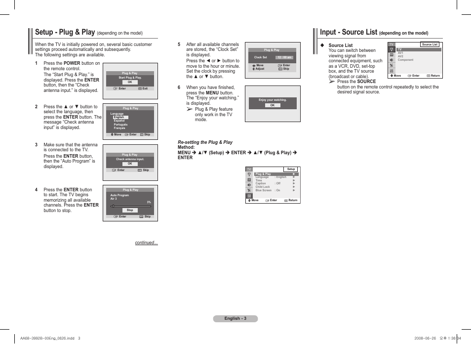 Setup - plug & play (depending on the model), Input - source list (depending on the model), Input - source list | Setup - plug & play | Samsung CT21A750 User Manual | Page 3 / 8