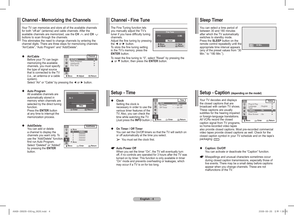 Channel - memorizing the channels, Channel - fine tune, Setup - time | Sleep timer, Setup - caption (depending on the model), Setup - caption | Samsung CT21A750 User Manual | Page 4 / 8