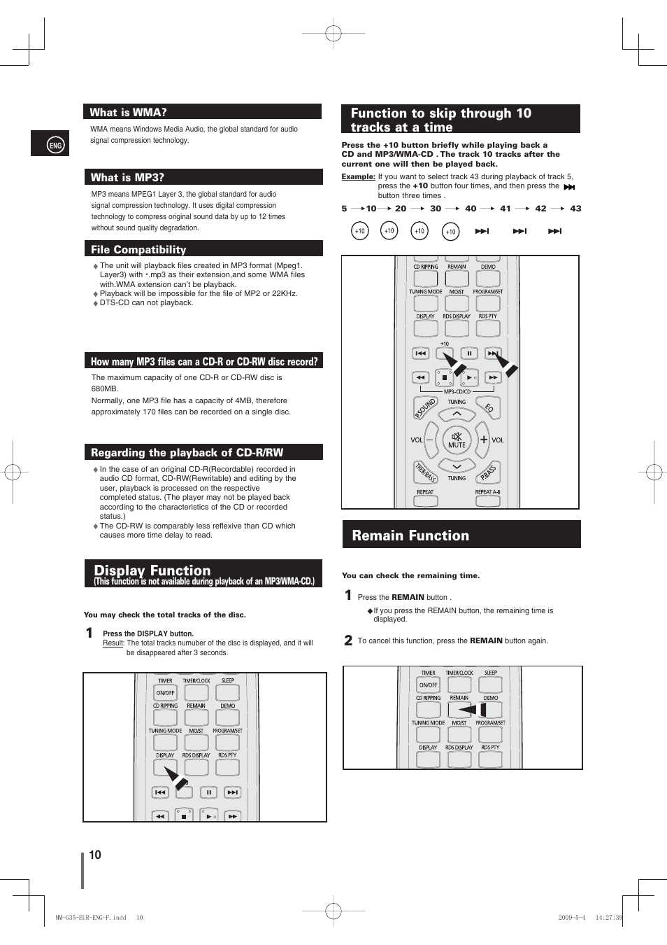 Display function, Function to skip through 10tracks at a time, Remain function | Remain function 2 1 display function, Function to skip through 10 tracks at a time | Samsung MM-G35 User Manual | Page 10 / 26