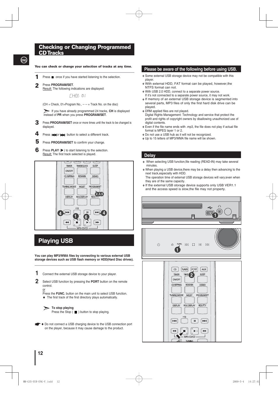 Checking or changing programmedcd tracks, Playing usb, Checking or changing programmed cd tracks | Samsung MM-G35 User Manual | Page 12 / 26